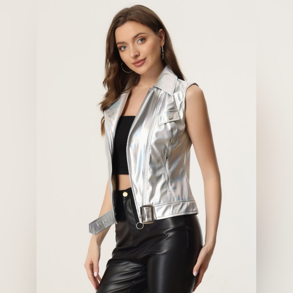 Allegra K Faux Leather Vest Lapel‎ Sleeveless Moto Motorcycle Biker Jacket
